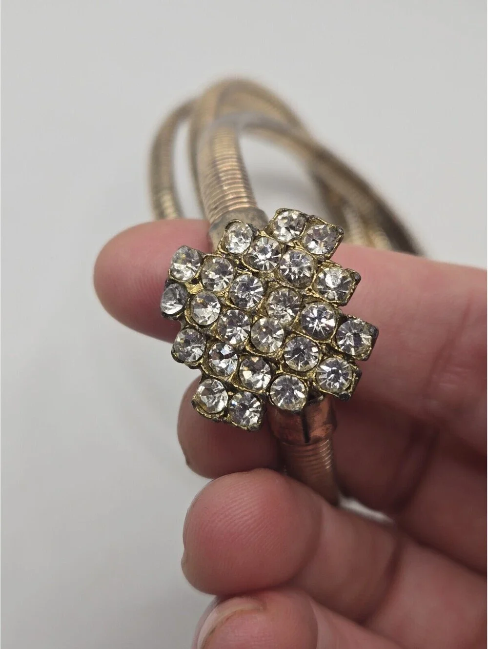 Vtg Gold Metal Spring Coil Elastic Waist Belt Crystal Rhinestone Clasp 26 30